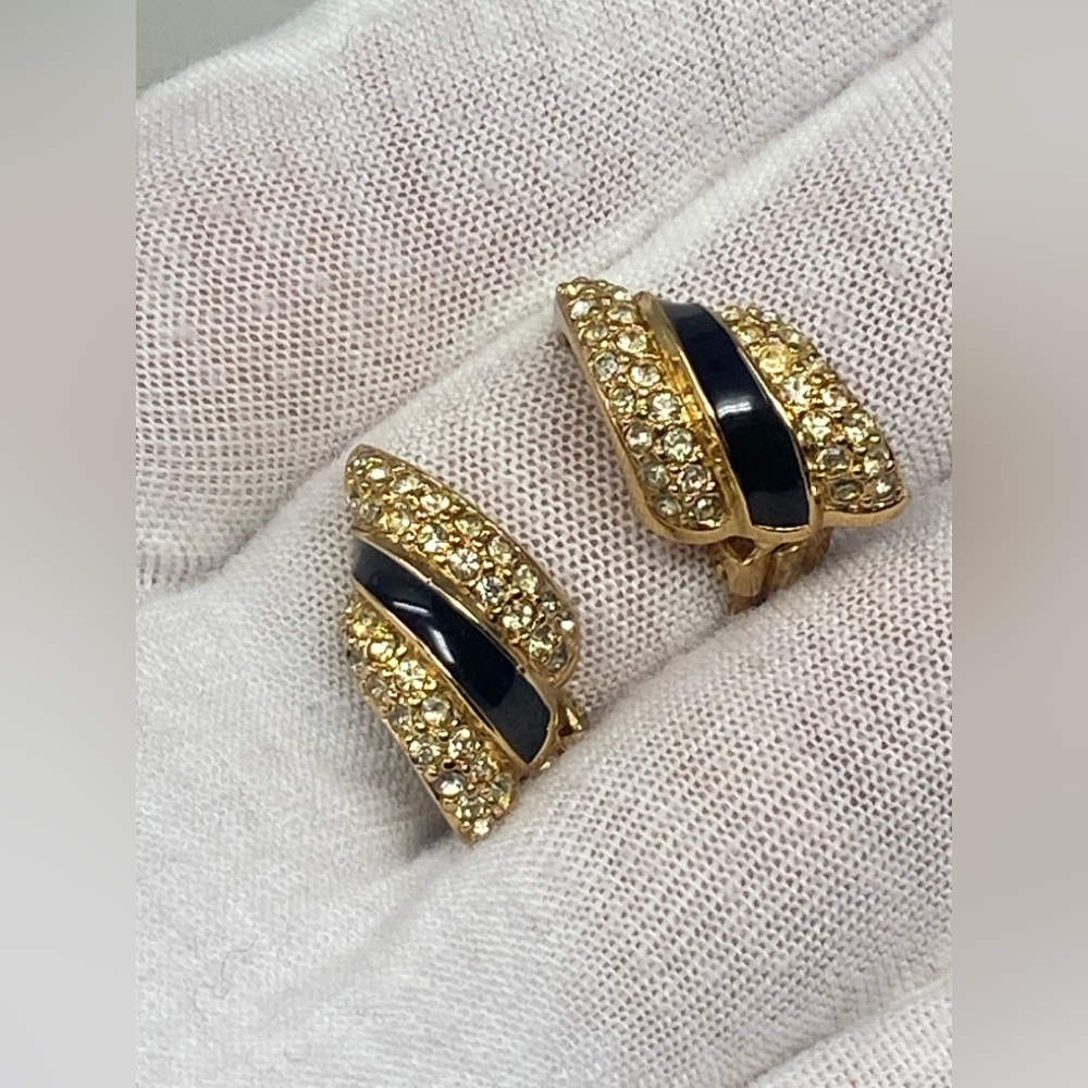 Christian DIOR Vintage earrings with crystals and black enamel - Picture 11 of 15